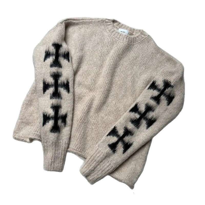 European And American Retro Cross Knitted For Men High Street Fashion Niche Design Loose Round Neck Sweater Ins Trend