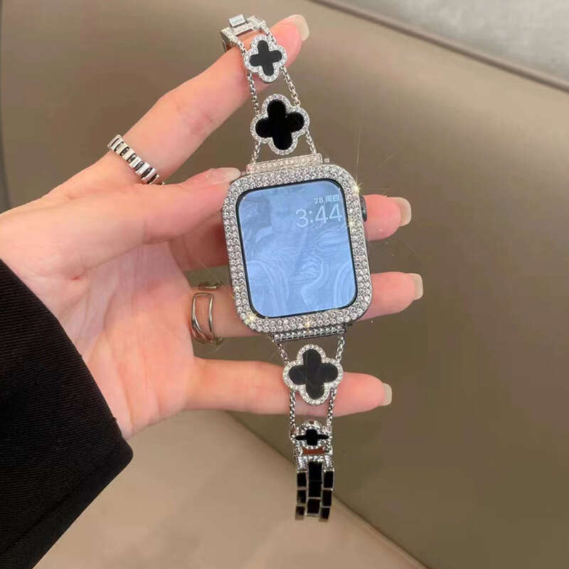Sparkly Diamond-Encrusted Clover Metal Band Bling Rhinestone Bracelet Strap Compatible with Apple Watch SE1-11 Series