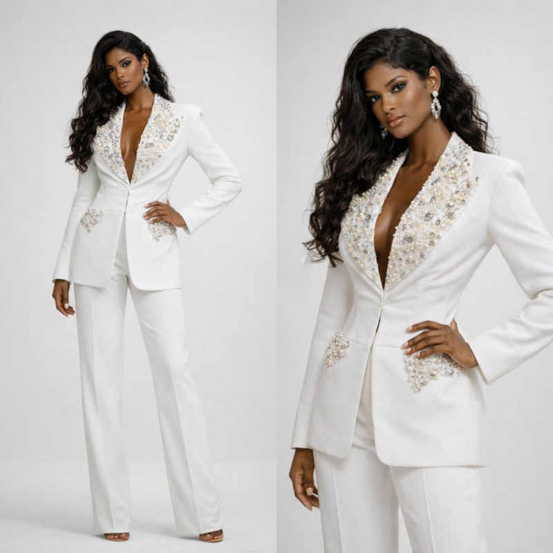 Elegant Pearls Suits For Women Peaked Lapel Office Ladies Work Pant Blazers Crystals 2 Pieces Customized Outfits