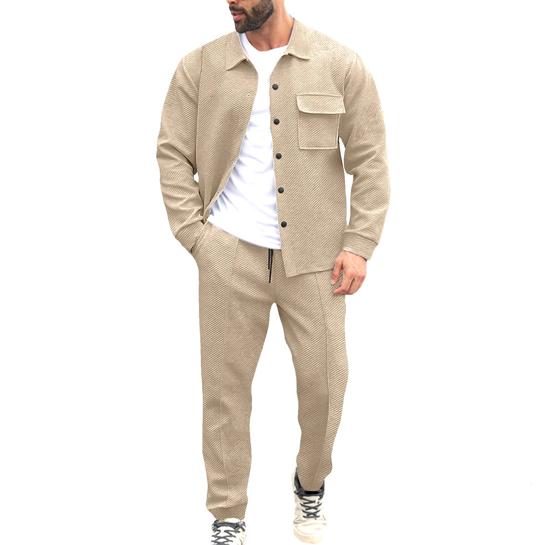 Mens Spring and Autumn Casual Jacquard Pocket Button Jacket and Sweatpants Set Versatile Sportswear