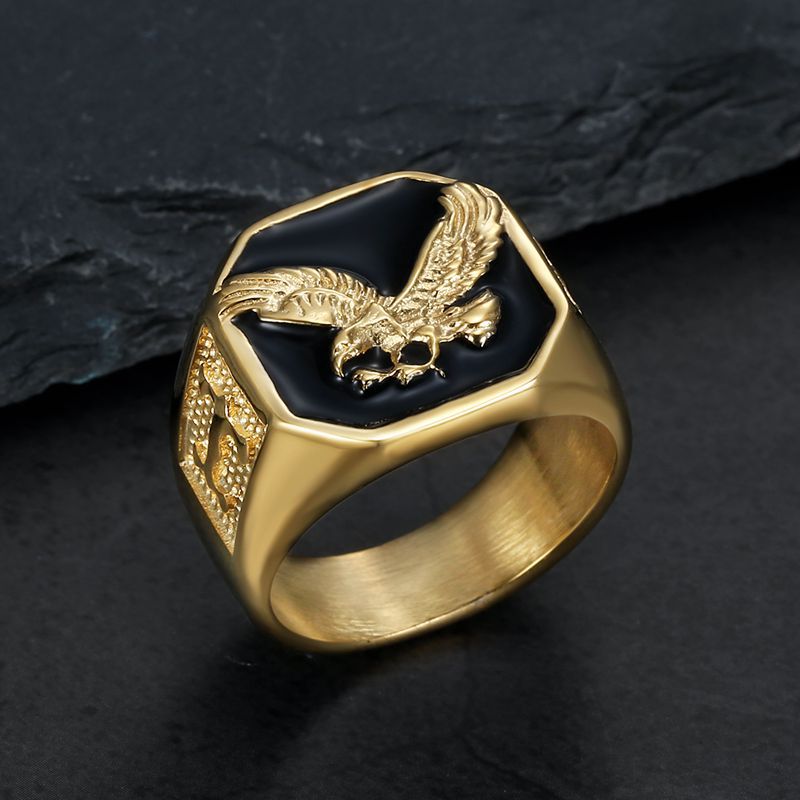 Hip Hop Square Black Oil Dripping Eagle Casting Animal Ring 316L Stainless Steel Gold Plated Jewelry