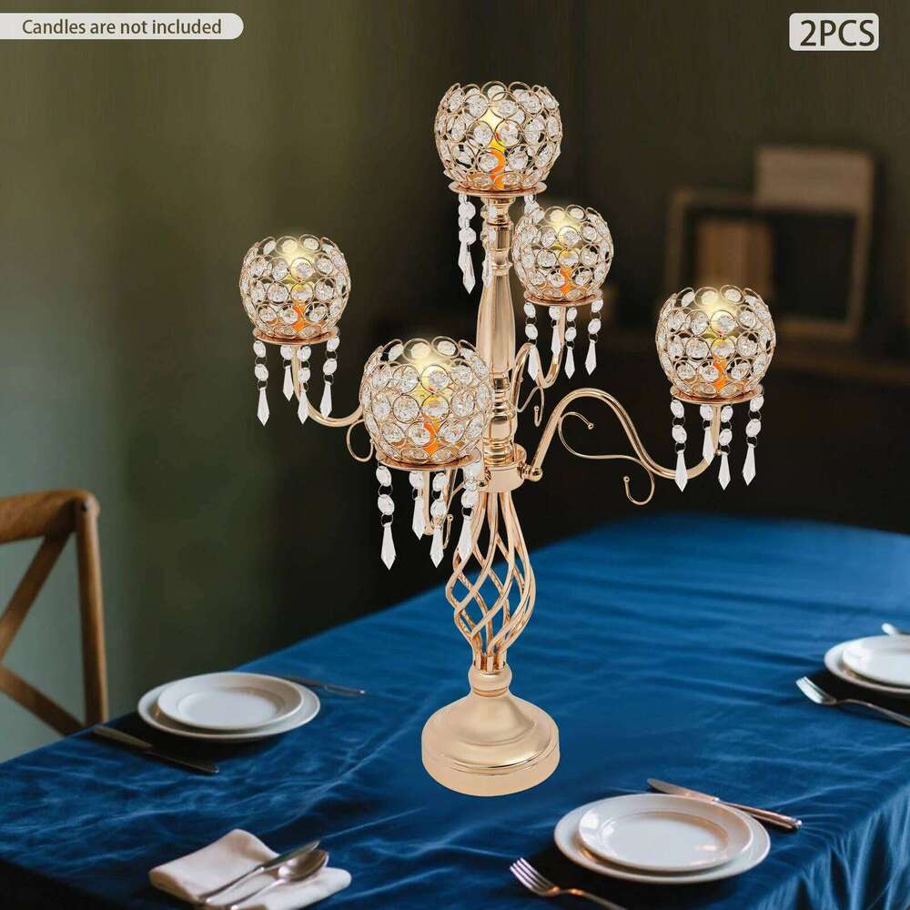 5 Arm Crystal Candelabra Centerpiece Gold 26 Inch Tall Table with Prisms 2 Pack for Home Party Wedding Decor Y260131