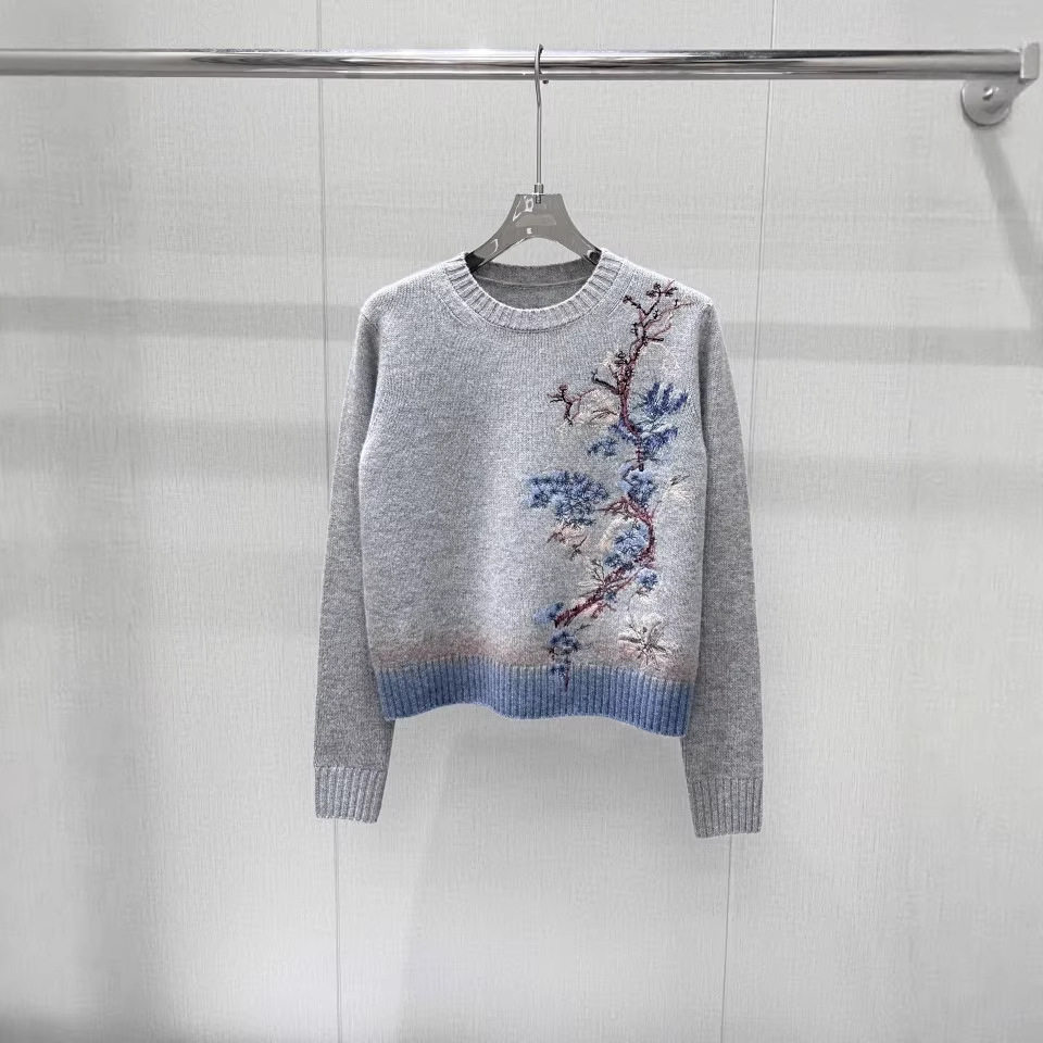 Women's Sweaters Gradient Patchwork Embroidery Floral Knitted Pullover Women Autumn O-neck Long Sleeve Cashmere Soft Sweater Pull