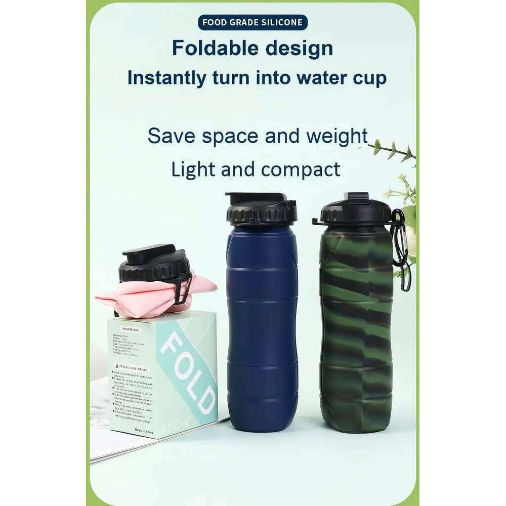 Outdoor upgraded silicone folding water bottle, equipped with hook, a straw, suitable for camping, hiking and other activities Z260202