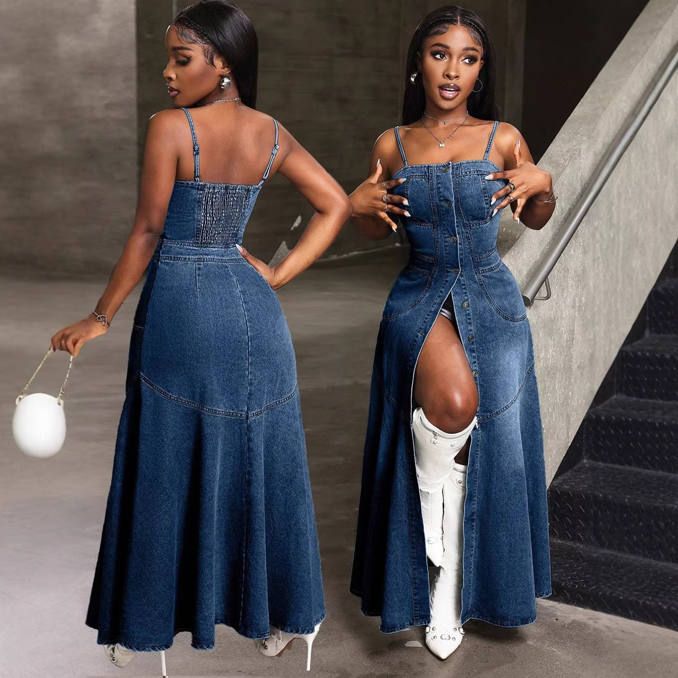 15811 Fashionable MidLength SingleBreasted Denim Dress with Straps 240402