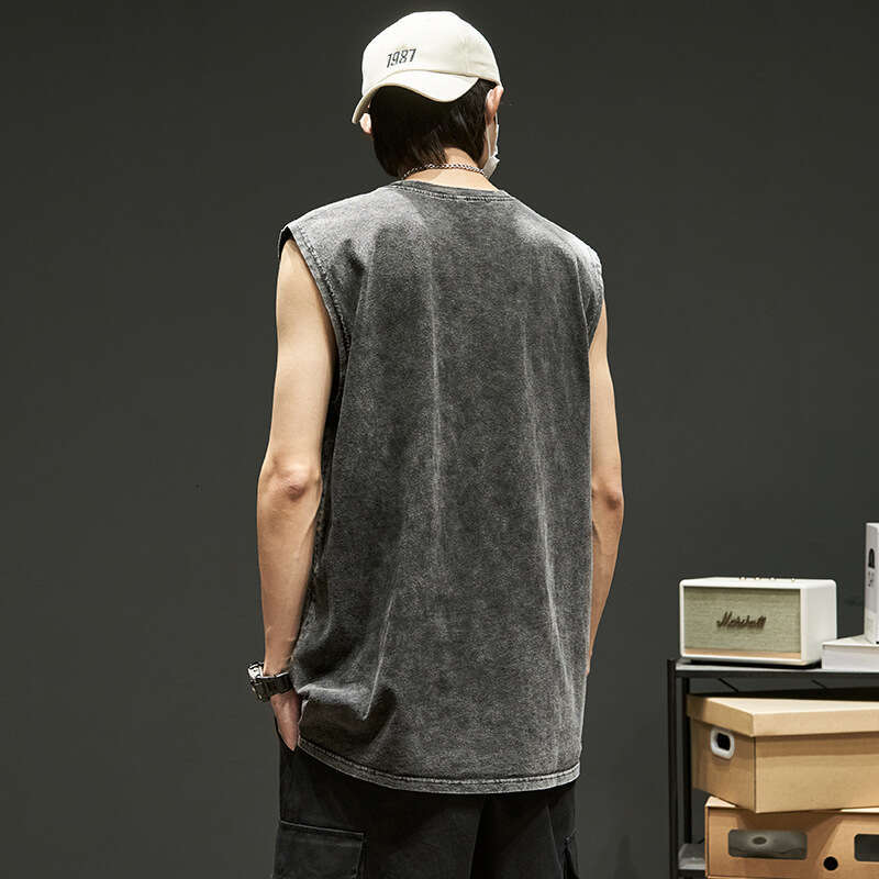 Men's Vest Trendy High Street Ins American Retro Cross Washed Black Sleeveless T-Shirt Outdoor Recreation Comfortable Soft Casual Lightweight Ver
