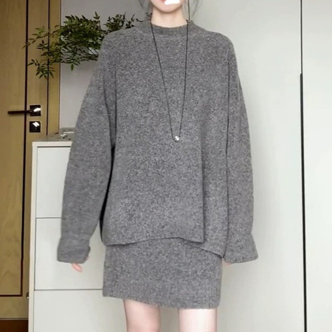 Fashion Grey Mohair Knitted Sweater 2 Pieces Skirt Sets Women Chic Oversized O-neck Cropped Pullover Suits Lady Commute Outwear 241019
