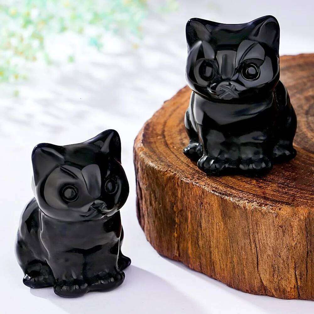 1.2" Black Obsidian Cat Halloween Statue Carved Stone Figurine Healing Crystals Gift Natural Gemstone Home Sculpture Decor Y260202