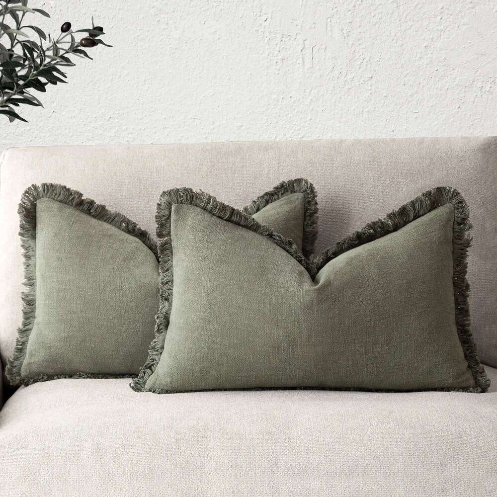 Set of 2 Decorative Linen Fringe Lumbar Throw Pillow Covers Boho Farmhouse Cushion Cover with Tassels Soft Pillowcase for Couch 26Y0202
