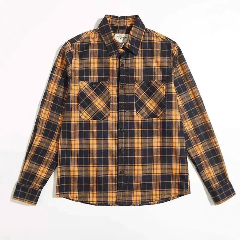 American Plaid Shirt Trendy American Style Thickened Double Pocket Workwear Long Sleeve Shirt for Men 210410