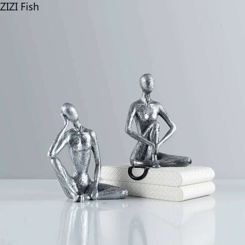 Silver Abstract Figures Statue Thinker Ornaments Desk Decoration Yoga Character Resin Sculpture Crafts Room Aesthetic Decor Y260202