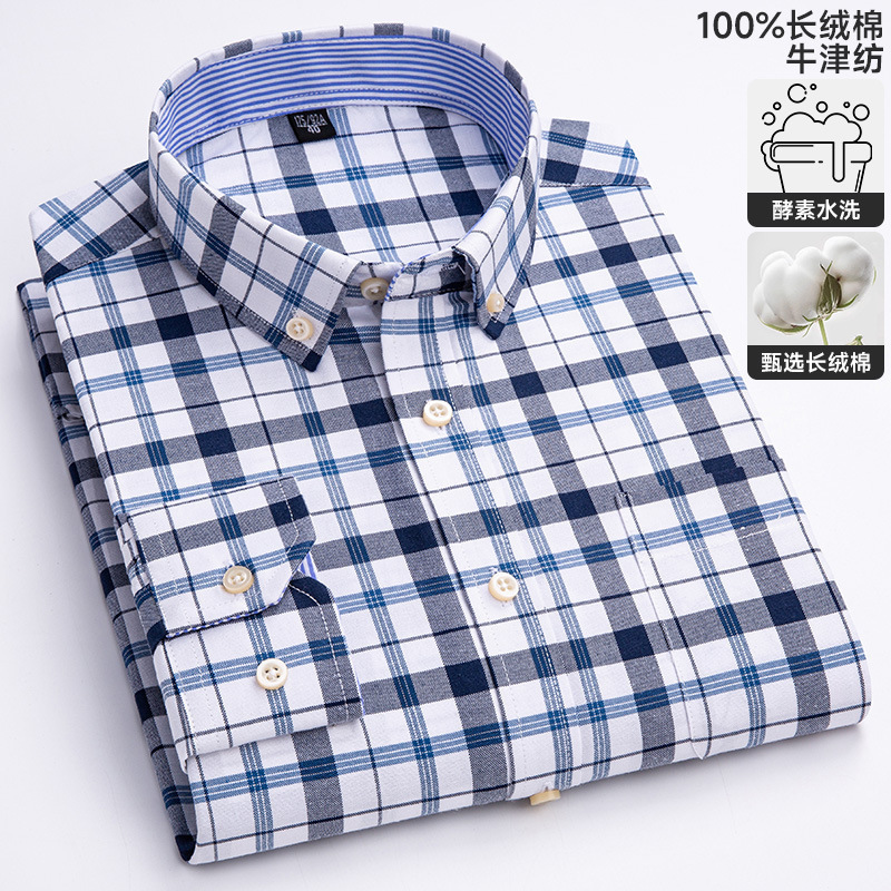 Mens Oxford Long Sleeve Shirt for Young and Middle-aged Casual Plaid Full Cotton Plus Size Shirt 240617