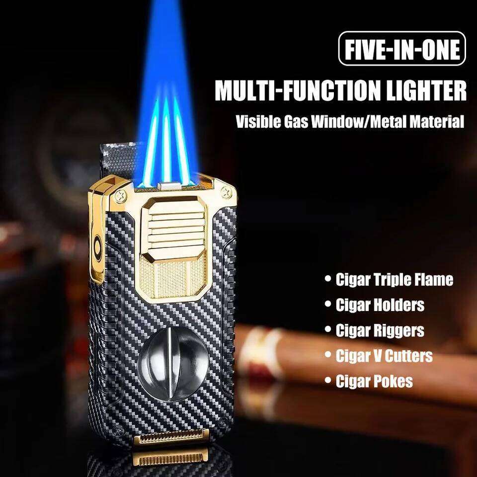 Strong Three Flame Lighter Multi-function V-shaped Cutter Bottom Drill Cigar Thru Needle Visual Gas Window W260202