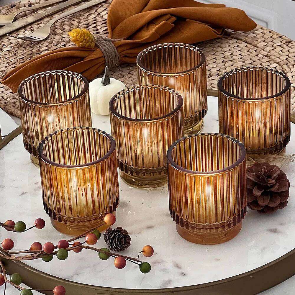 Vintage Ribbed Amber Glass Tealight & Votive Candle Holders , Fall Boho Decor, Shelf Decoration Y260131