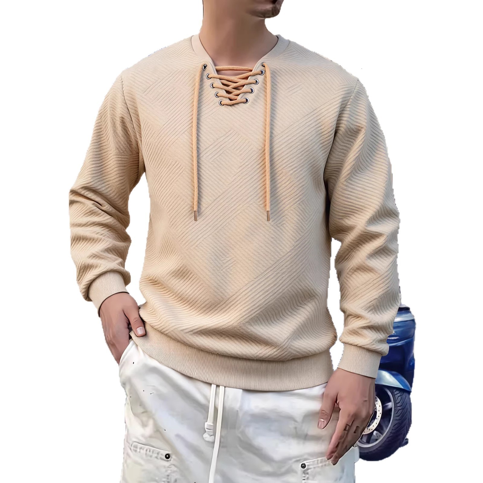 Textured Laceup Vneck Clean Fit Long Sleeve Tshirt for Men Spring and Autumn Trendy Brand Design Cool Knitted Striped Top 240717