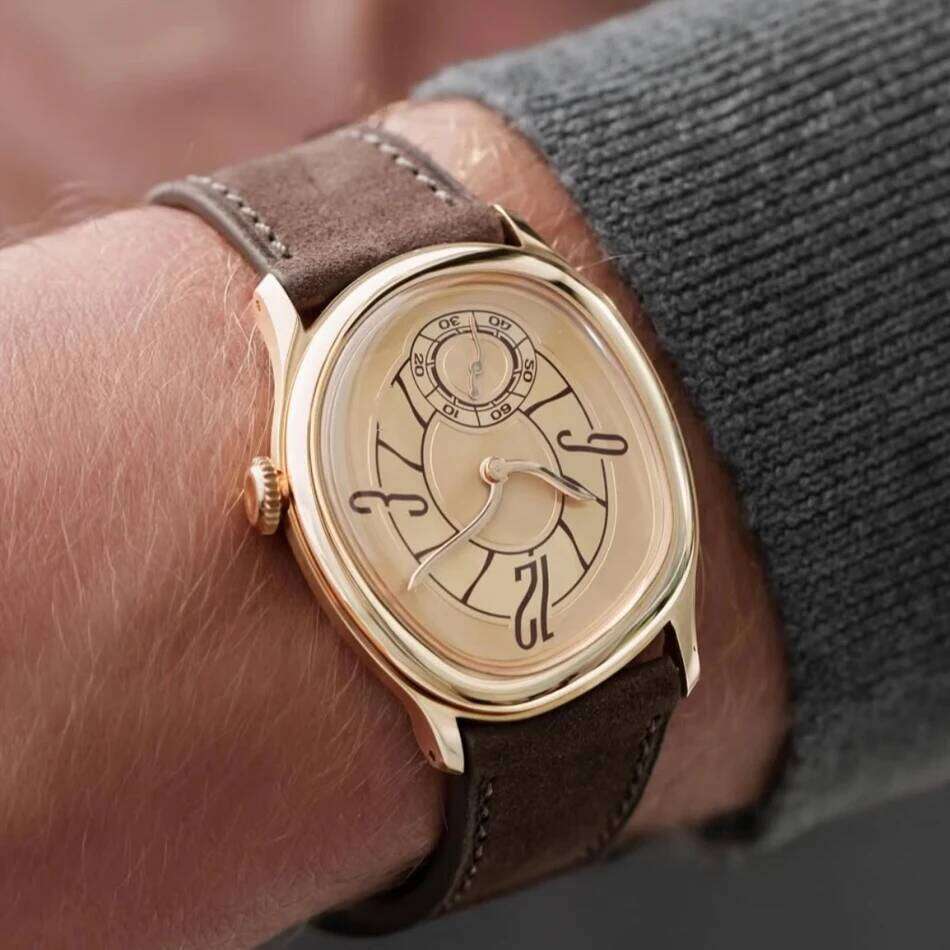 Style Millenary Men Gold Asymmetric Oval Dial Y2K Watch Leather Strap Luxury Casual Dress Ladies' Wristwatch 26Y0129
