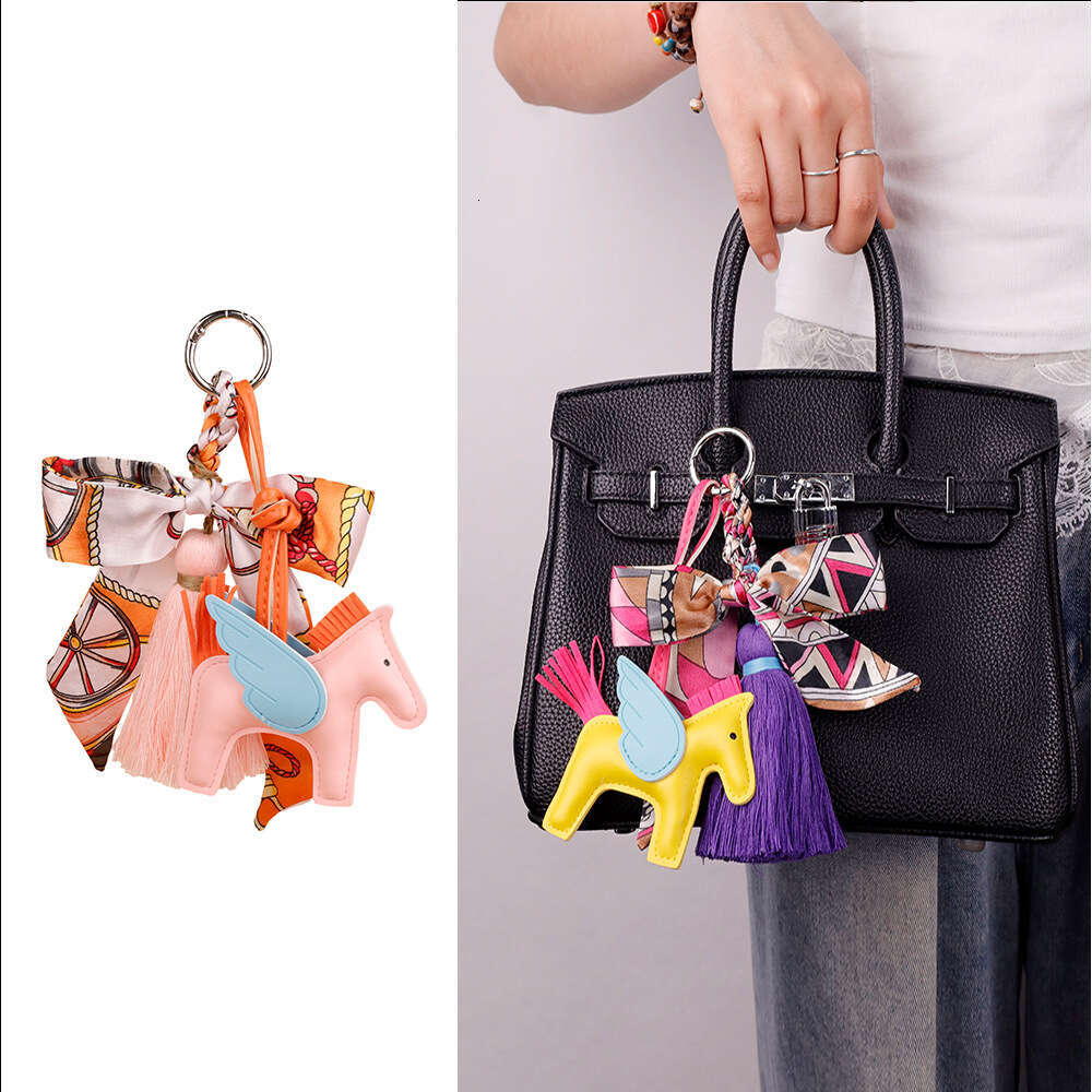 Leather pony pendant keychain Silk scarf bow string Suitable for keychains, bucket bags and birthday gifts