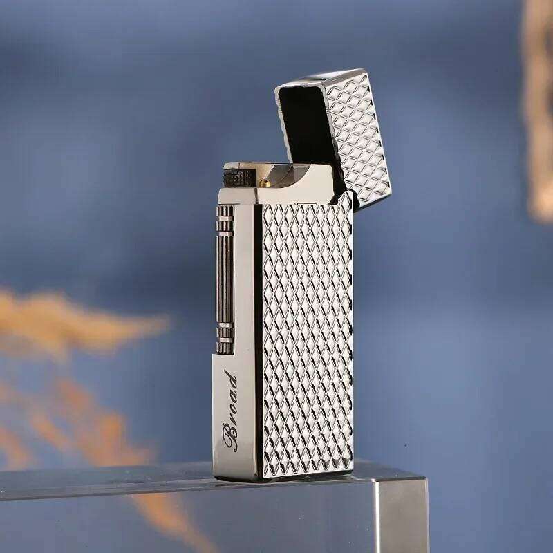 Grinding Wheel Side Slide Tilt Butane Gas Lighter, High Quality Metal Embossed Open Flame Lighters, Cigarette Accessories W260202