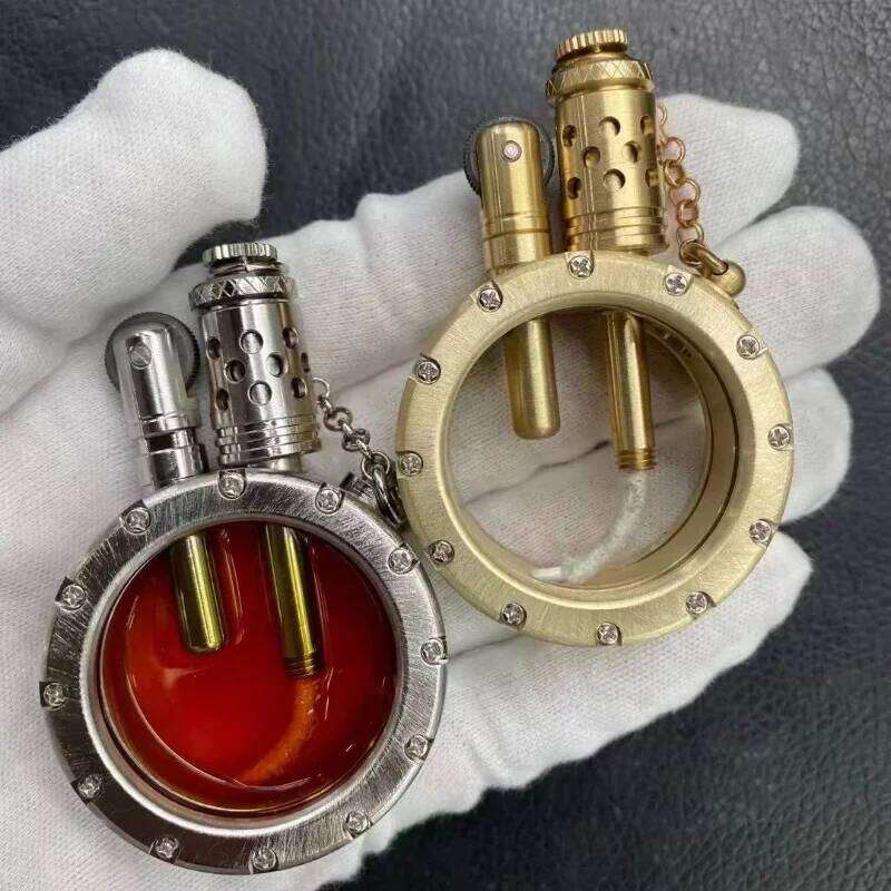 Handmade Pure Copper Lighter Quartz Visible Transparent Oil Tank Lighters Portable Round Collection Gift for Man W260202