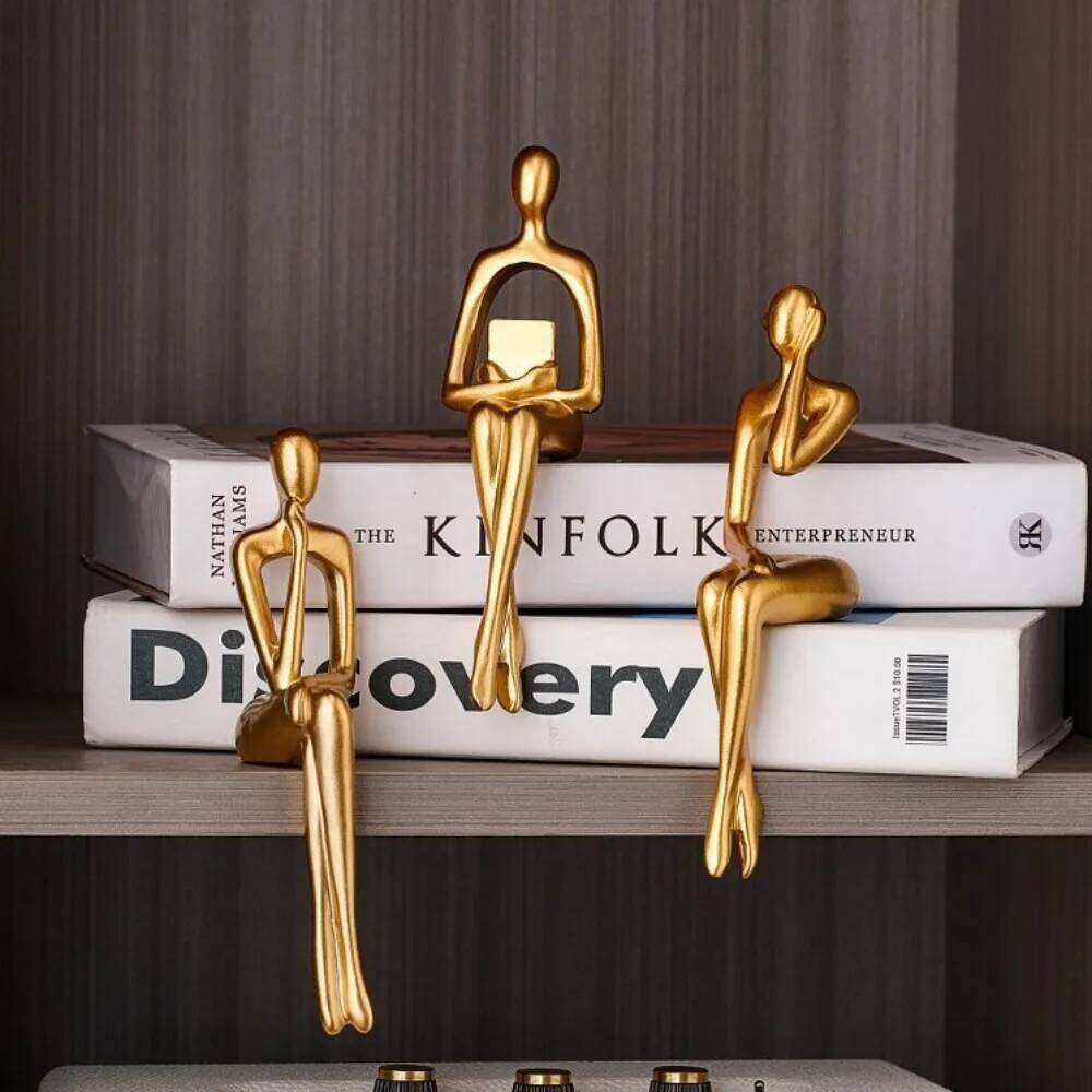 Resin Human Body Art Abstract Design Thinking Reading Man Figure Statue Golden Finish Desktop Ornament Office Supplies Y260202