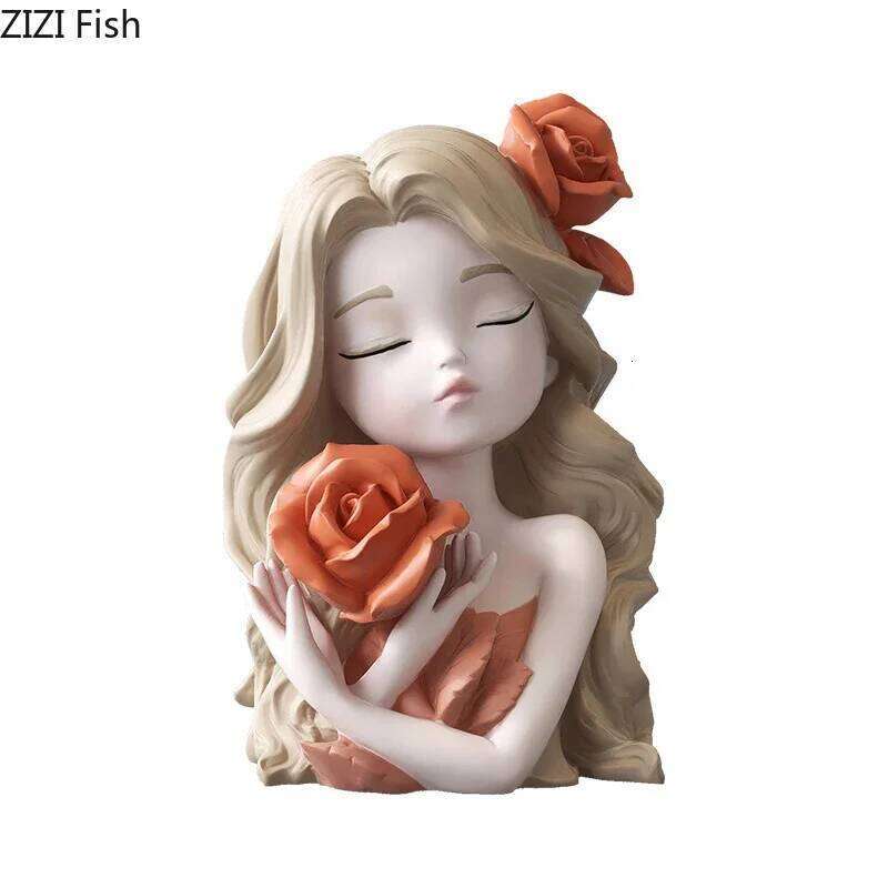 Wavy Blonde Hair Girl Figures Rose Flower Statue Desk Decoration Exquisite Character Resins Sculpture Room Aesthetics Decor Y260202