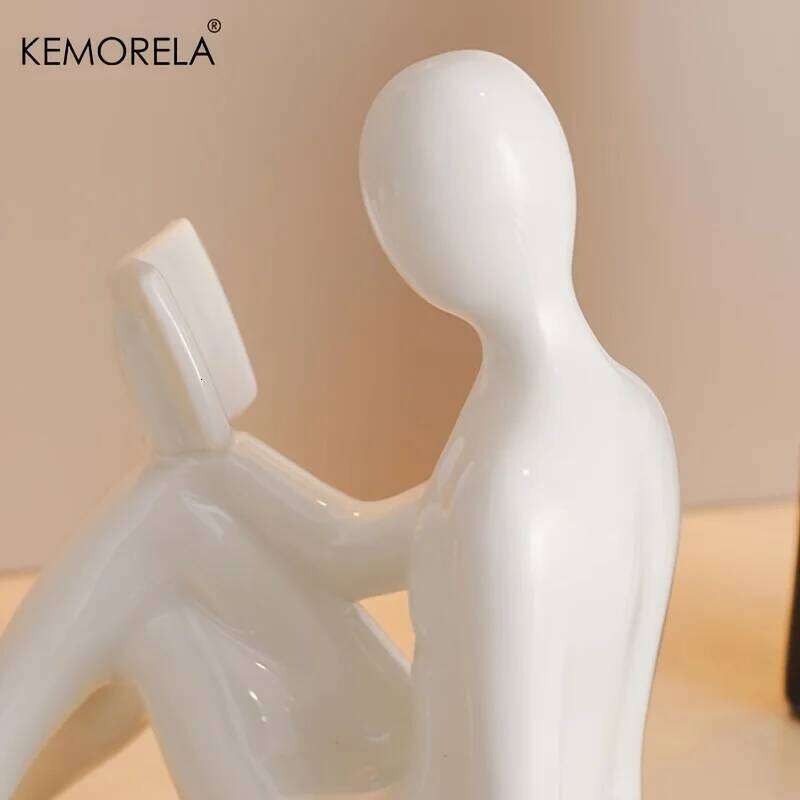 KEMORELA 2PCS Ceramic Material Statue of Person Reading a Book Home TV Wine Cabinet Office Decorations Living Room Decoration Y260202