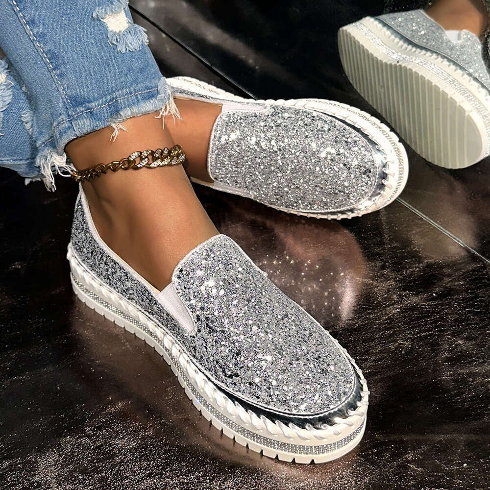 2026 Spring New Slip-On Thick-Soled Lazy Casual Sequin Rhinestone Versatile Export Large Size Single Shoes