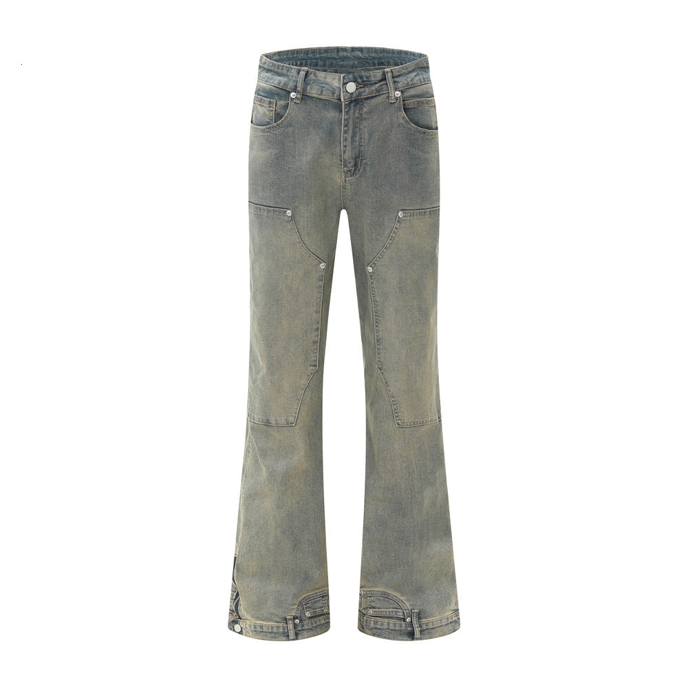 Reverse-Wear Washed Denim Flared Pants Mens Workwear Hippie Trendy Design Sense Personality Patchwork Vintage Long Pants