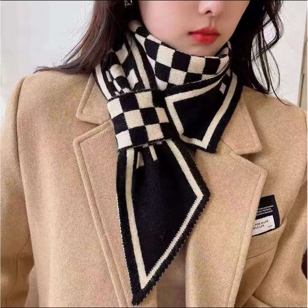 Fashionable Knitted Scarf Houndstooth Narrow Long Strip Design Outdoor Home Use Versatile Warm Decorative Autumn Winter Women Korean Style Daily Fashi