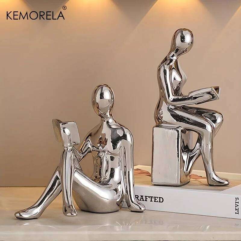 KEMORELA 2PCS Ceramic Material Statue of Person Reading a Book Home TV Wine Cabinet Office Decorations Living Room Decoration Y260202