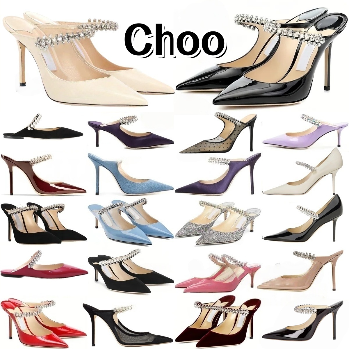 Designer Leather JC Slippers Luxury Dress Shoes Peep Toe Half Slippers Women Summer Fashion Rhinestone French Pointed Genuine Leather High Heels Sandals 35-42