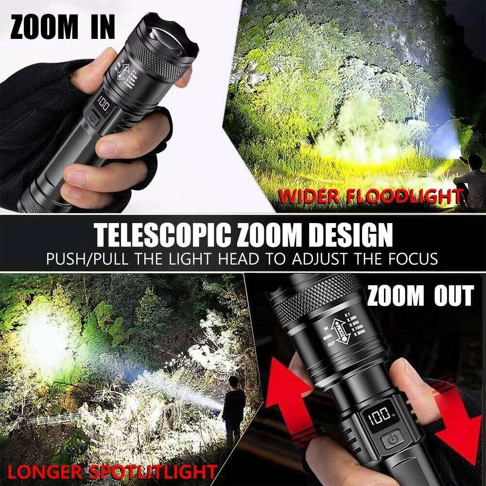 Rechargeable LED Flashlight Zoomable Torch with LCD Display 3 Modes Waterproof High Power Hand Light Outdoor Wilderness Camping H26013111