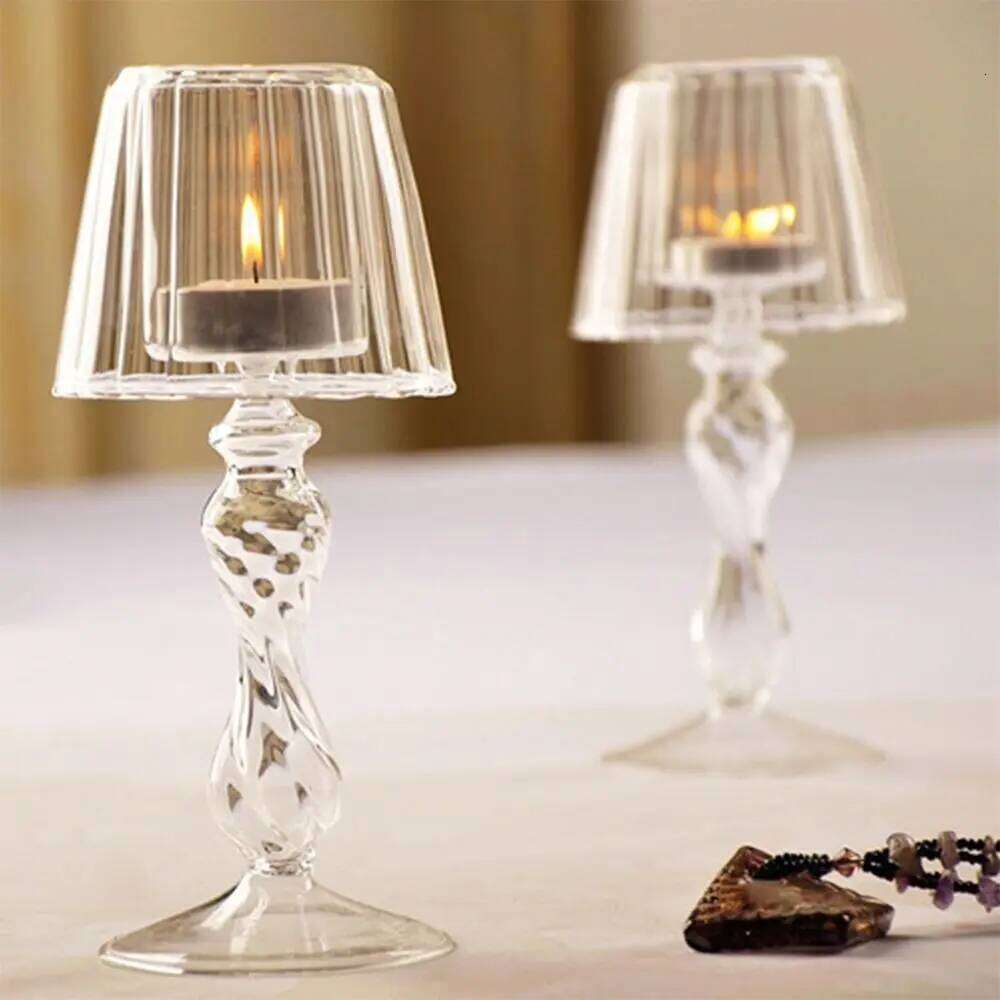 Glass High Footed Striped Candlestick Creative Delicate Lamp Shaped Candle Holder Romantic Transparent Craft Candelabra Holiday Y260131