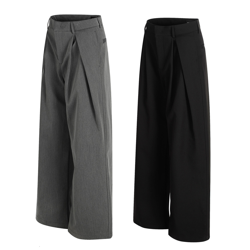 American High Street Solid Color Loose Wide-Leg Pants Mens Vibe Trend Basic Three-Dimensional Double Pleated Draped Casual Trousers