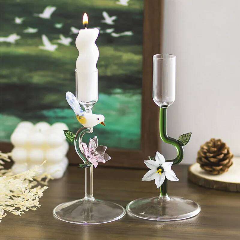 Flowers Birds Decorative Candle Holders Colorful Glass for Home Wedding Decoration Centerpieces Candlestick Gift Y260131