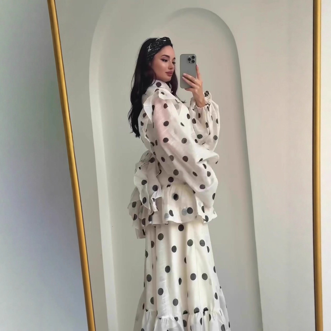 Bohemian Dot Print Women Top Skirt Set Urban Ruffled Full Sleeve Button Top Trumpet Skirt Summer Autumn Lady Outfits 250711