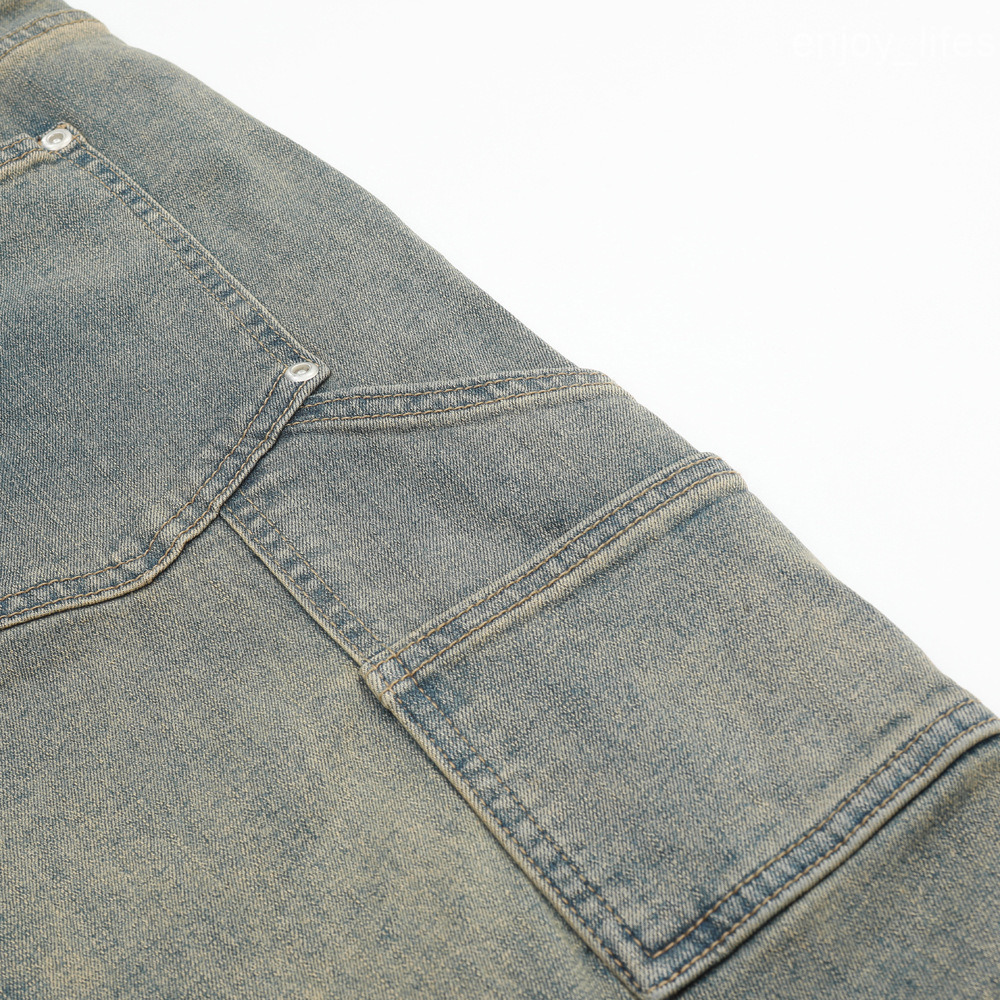 Reverse-Wear Washed Denim Flared Pants Mens Workwear Hippie Trendy Design Sense Personality Patchwork Vintage Long Pants