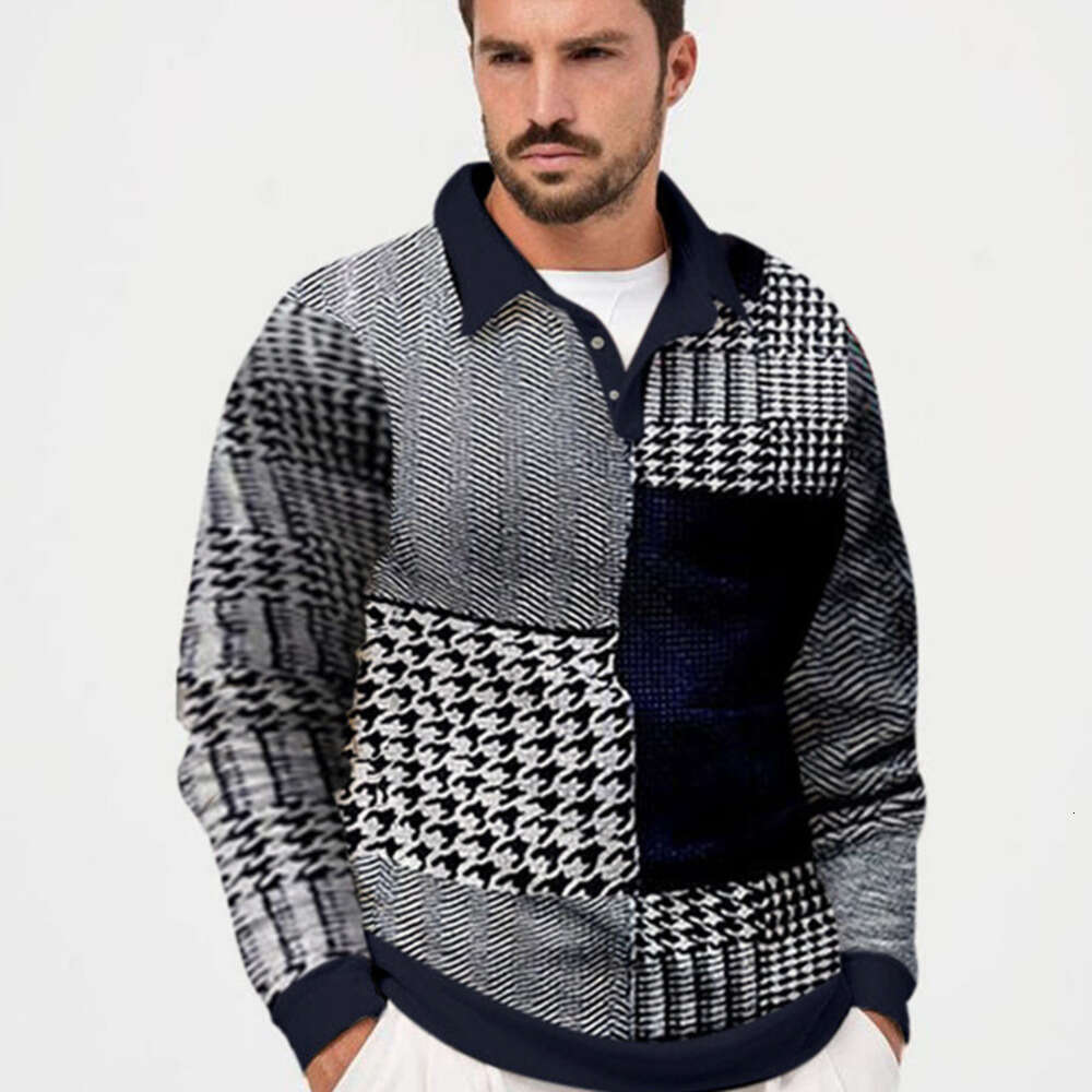 Men's Clothing New Fashion Casual Turn-Down Collar cDigital Print Men's polo shirts Casual Casual Long Sleeve Plaid