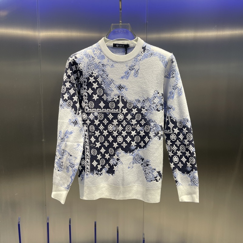 2026 New Design Jacquard Gradient Casual Sweater Men's Fashion Trend Warm Round Neck Knitted Sweater Black Blue