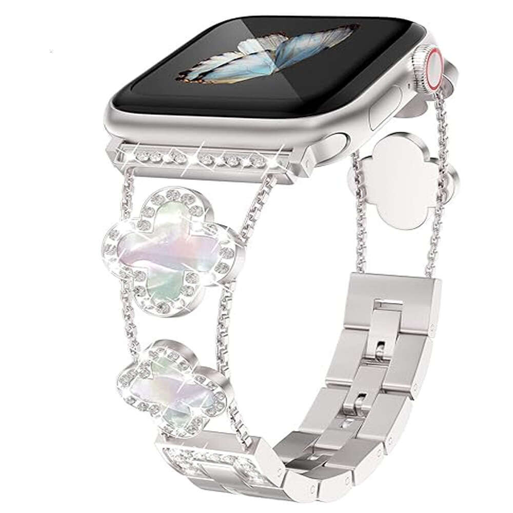 Sparkly Diamond-Encrusted Clover Metal Band Bling Rhinestone Bracelet Strap Compatible with Apple Watch SE1-11 Series