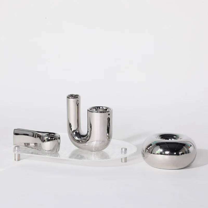 Luxury Electroplating Silver Geometric Ceramic Candlestick Ornaments Model Room Sales Office Art Soft Home Decoration Y260131