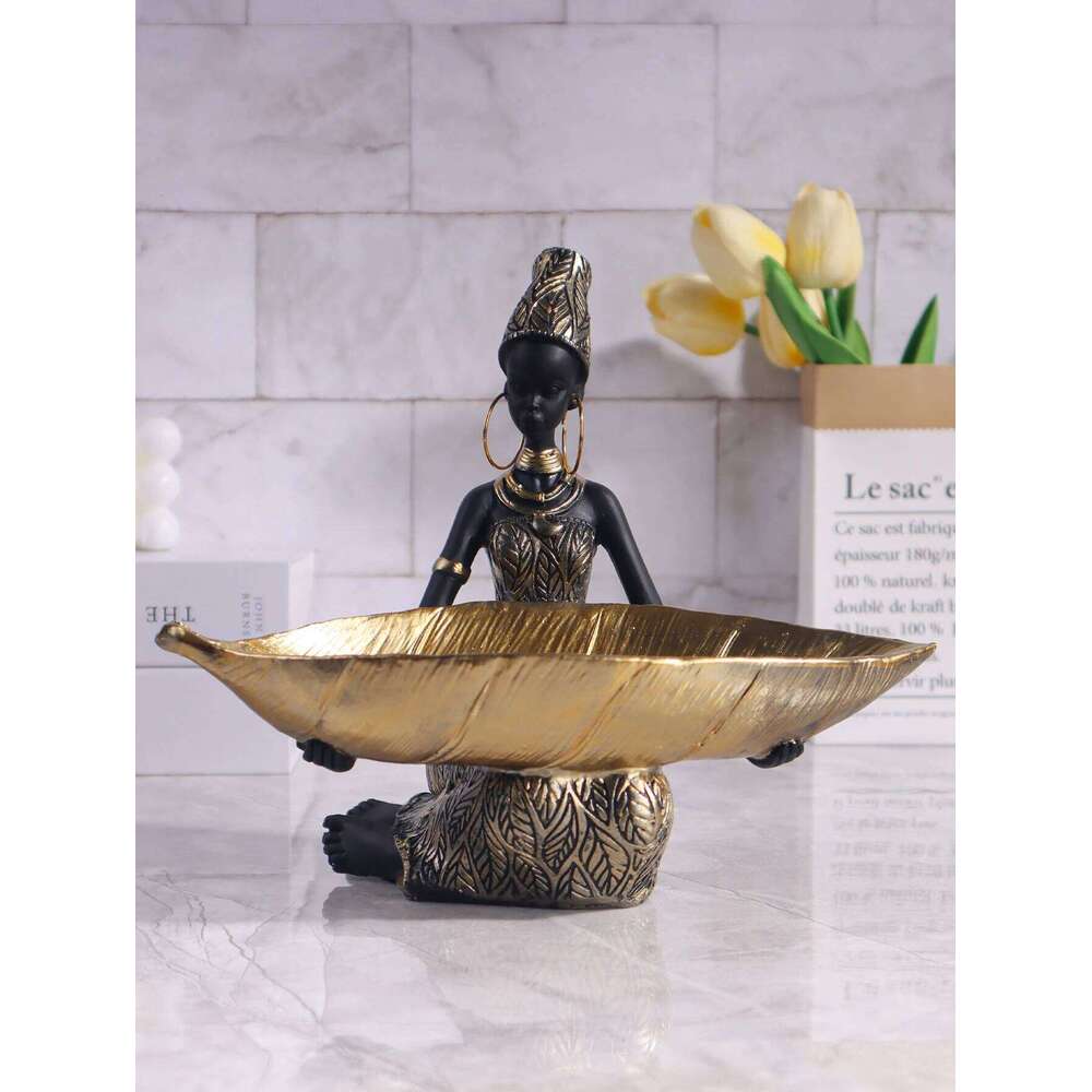 African Girl Holding a Plate Sculpture, Home and Office Decorative Storage Ornament, Vintage Collectible Craft Deskt Decor Y260202