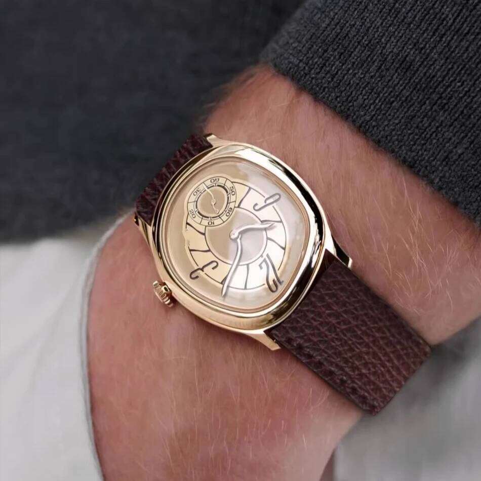 Style Millenary Men Gold Asymmetric Oval Dial Y2K Watch Leather Strap Luxury Casual Dress Ladies' Wristwatch 26Y0129