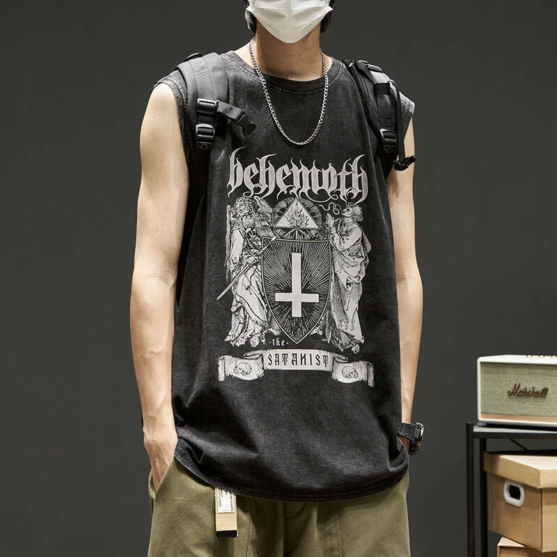 Men's Vest Trendy High Street Ins American Retro Cross Washed Black Sleeveless T-Shirt Outdoor Recreation Comfortable Soft Casual Lightweight Ver