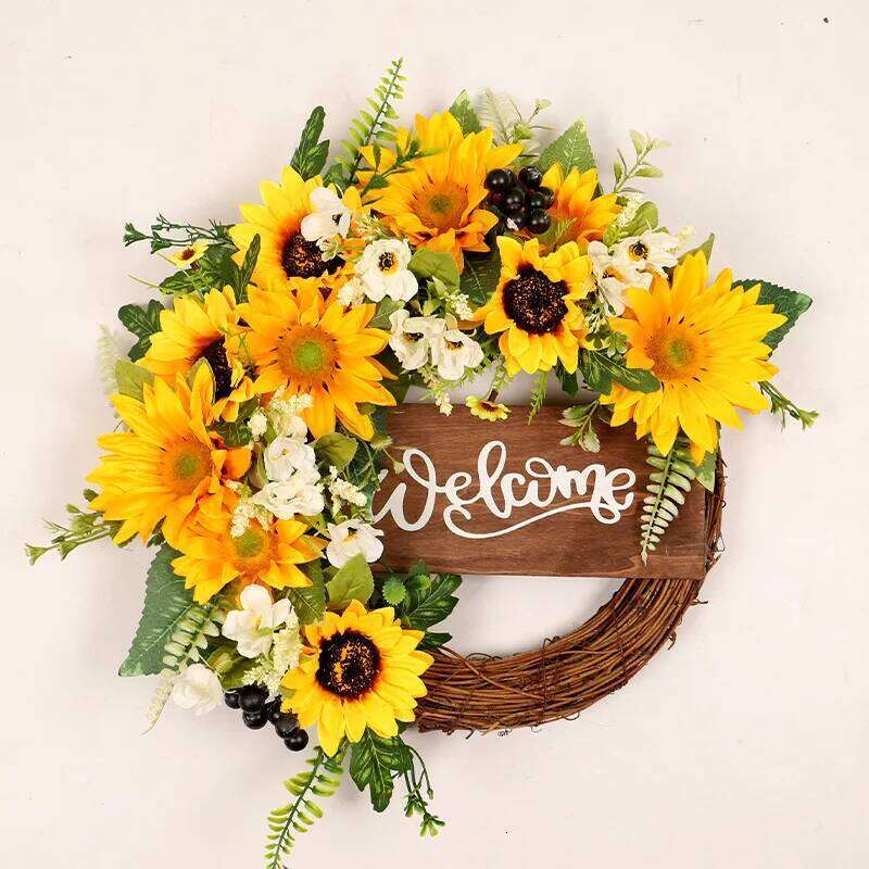YeeNanee Spring Artificial Sunflower Wreath for Front Door Green Eucalyptus Wreaths with Welcome Sign Wall Window Outdoor Decor 26H0202
