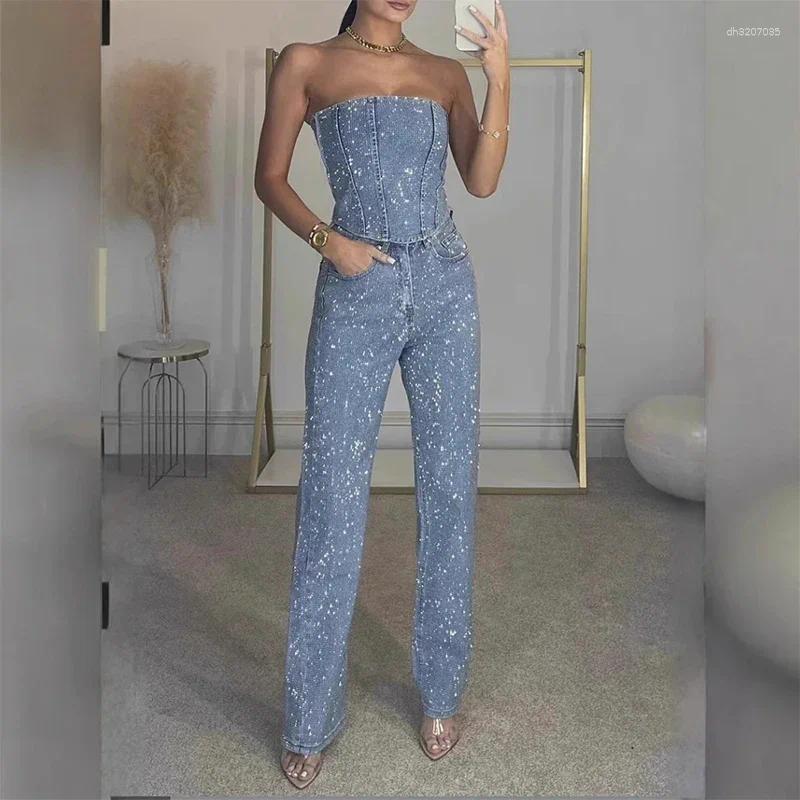 Women's Two Piece Pants CPSYMYM Rhinestones Denim Vest Jeans Set Women Sexy Slim Sleeveless Strapless Empire Waist Zipper Pocket Pencil - view 3