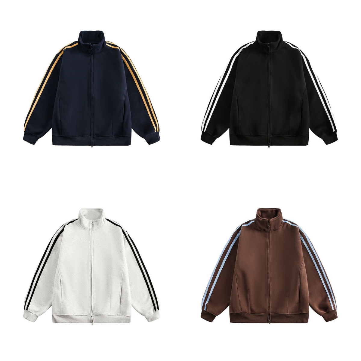 Men's Jacket stand-up collar jacket a trendy brand for both men and women in spring and fall loose-fitting with double-headed zippers, couple's jacket with stripes