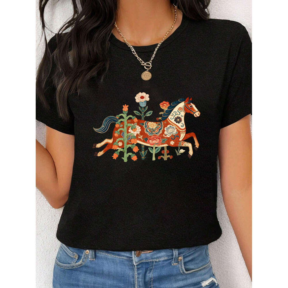2026 Year Of The European American Summer New Women's Japanese And Korean Casual Horse Floral Pattern Printed Loose Short Sleeve T-Shirt