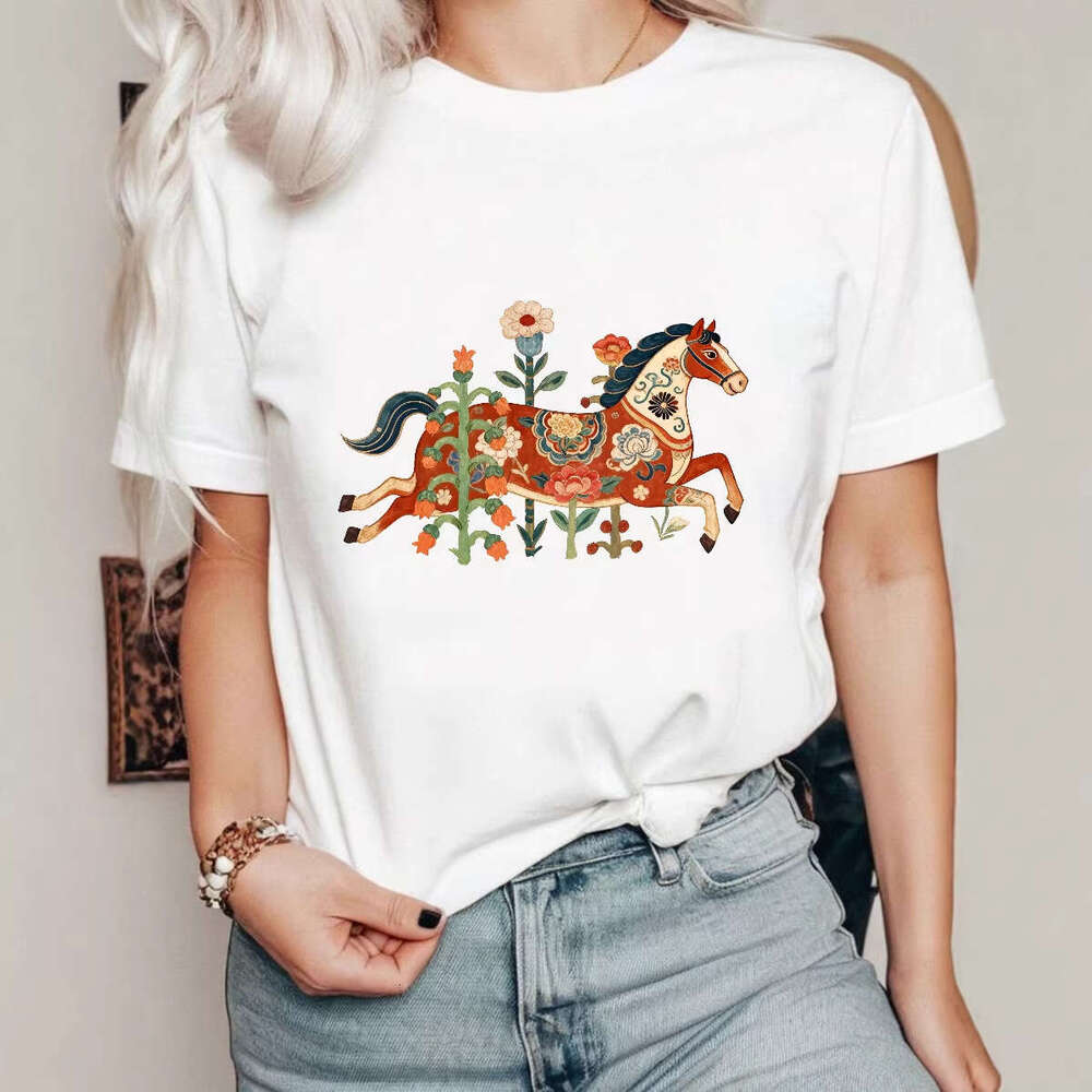 2026 Year Of The European American Summer New Women's Japanese And Korean Casual Horse Floral Pattern Printed Loose Short Sleeve T-Shirt