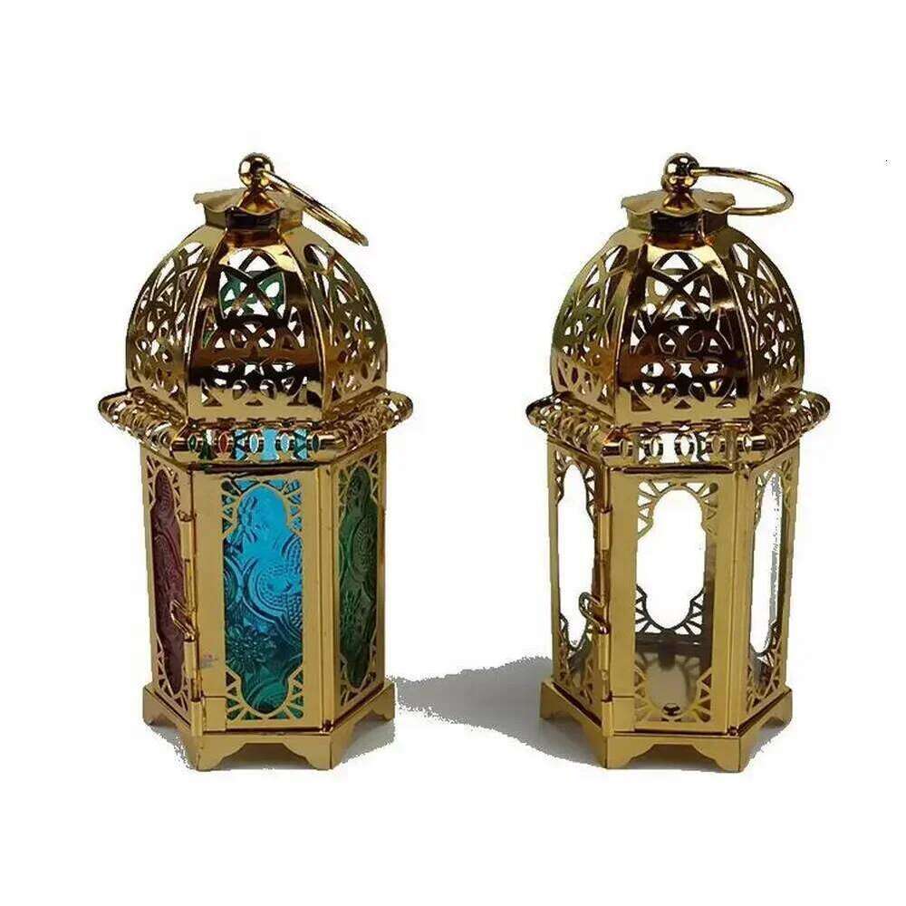 Gold European Castle Candlestick Vintage Hanging Holder Moroccan Glass Candle Lantern Wedding Home Decor Ornaments Y260131
